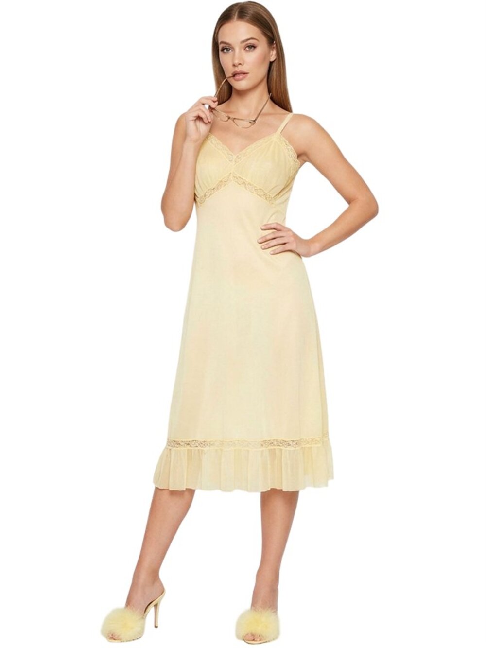 Luxite by Kayser Pinup Bombshell Lacy Full Slip Pleated Nylon Chiffon Vintage